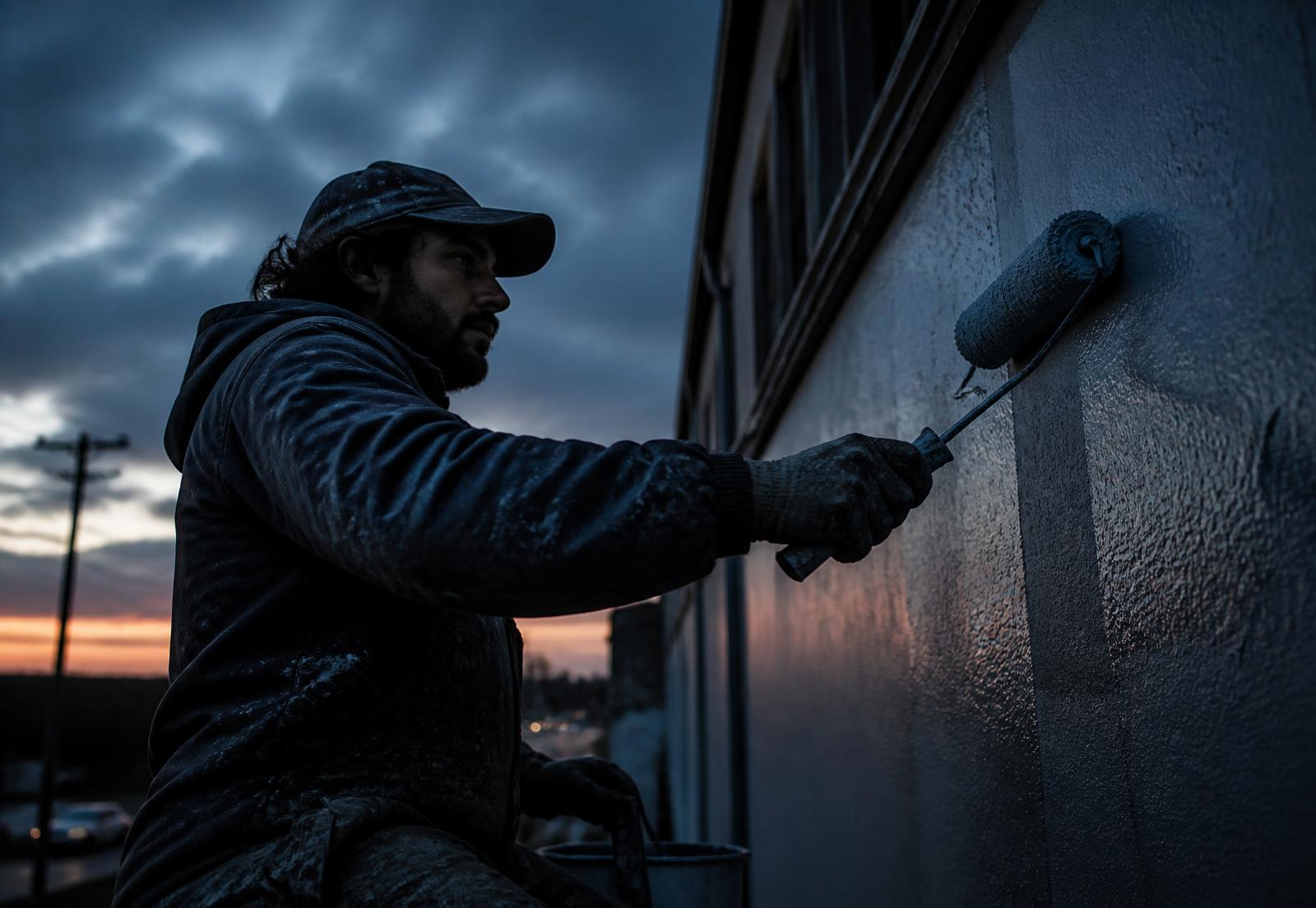 Painter rolling fresh paint on a building exterior at dusk